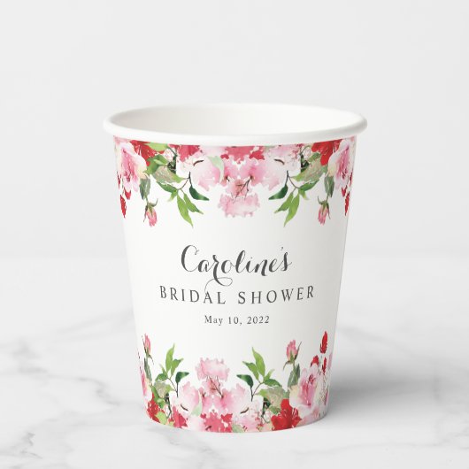 Rode en Roze Aquarel Rozen Bruidsdouche Papieren Bekers (Achterkant)