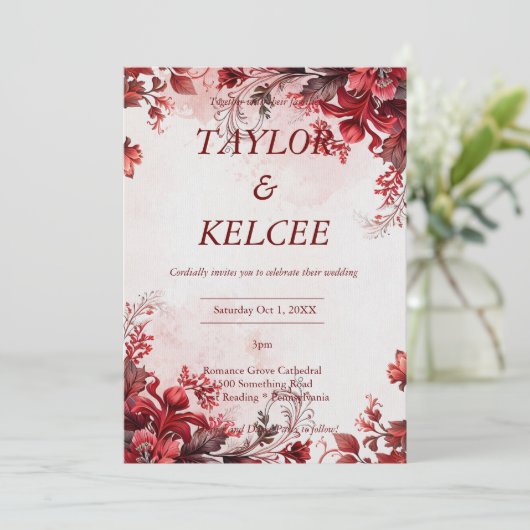Rode en Roze Bloemen bruiloft Kaart (Staand voorkant)