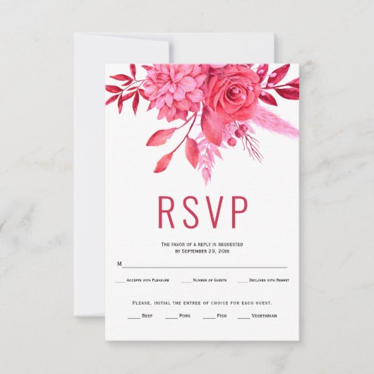Rode en roze bloemen en bladeren bruiloft RSVP kaartje (Voorkant)