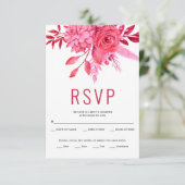 Rode en roze bloemen en bladeren bruiloft RSVP kaartje (Staand voorkant)
