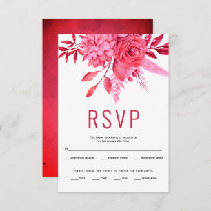 Rode en roze bloemen en bladeren bruiloft RSVP kaartje
