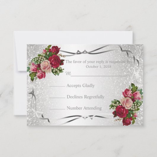 Rode en Roze Bloemen en Zilver Glitters - RSVP (Achterkant)