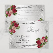 Rode en Roze Bloemen en Zilver Glitters - RSVP (Voorkant / Achterkant)