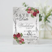 Rode en roze bloemen en zilverglitter save the date (Staand voorkant)