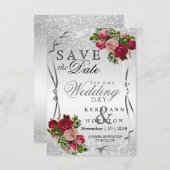 Rode en roze bloemen en zilverglitter save the date (Voorkant / Achterkant)