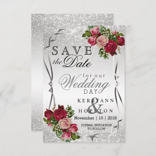 Rode en roze bloemen en zilverglitter save the date (Voorkant / Achterkant)
