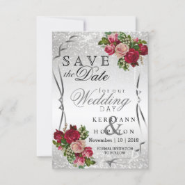 Rode en roze bloemen en zilverglitter save the date