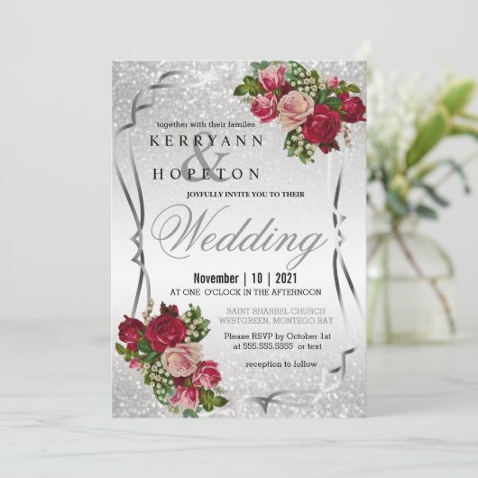 Rode en Roze Bloemen met Zilver Glitter Kaart (Staand voorkant)