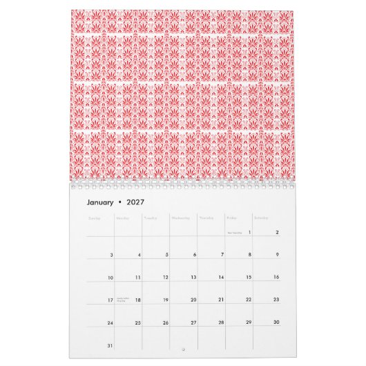 Rode en roze bloemige afbeeldingen met geraniums i kalender (Jan 2027)