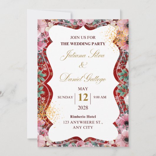 Rode en roze bloemige trouwuitnodiging save the date (Voorkant)