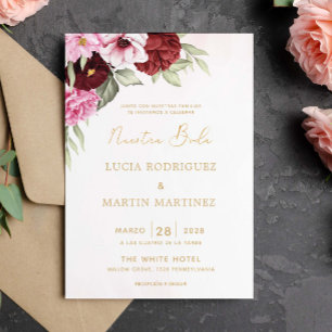Rode en Roze Bloemige Witte Nuestra Boda Kaart