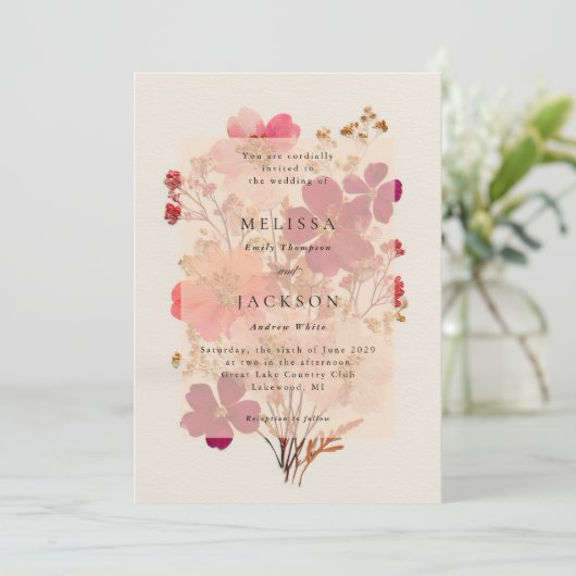 Rode en Roze Crème, Bloemen bruiloft uitnodiging (Staand voorkant)