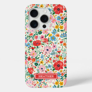Rode en Roze Ditsy Bloemen Monogram iPhone 15 Pro Case