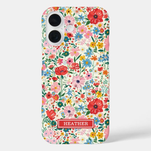 Rode en Roze Ditsy Bloemen Monogram Case-Mate iPhone Case (Achterkant)