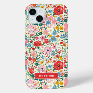 Rode en Roze Ditsy Bloemen Monogram iPhone 15 Mini Hoesje