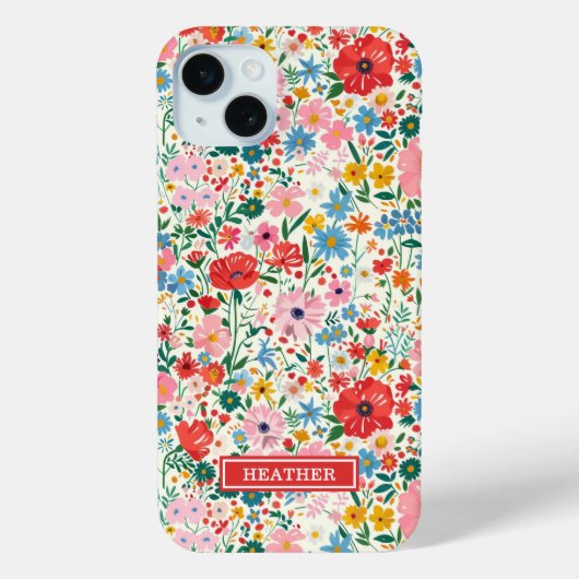 Rode en Roze Ditsy Bloemen Monogram Case-Mate iPhone Case (Achterkant)