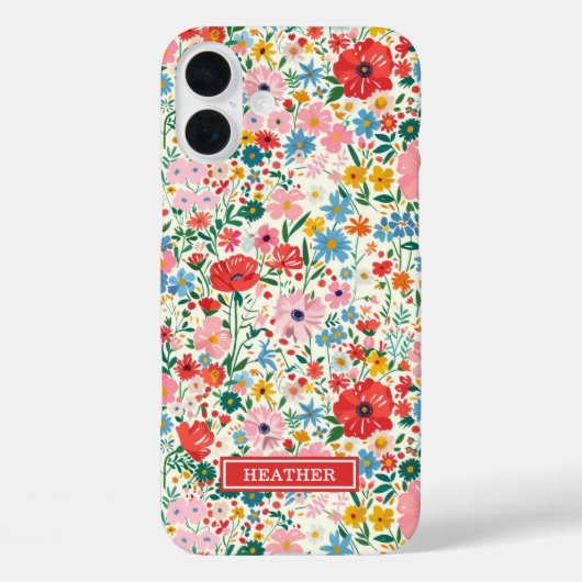 Rode en Roze Ditsy Bloemen Monogram Case-Mate iPhone Case (Achterkant)