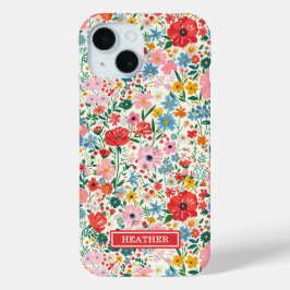 Rode en Roze Ditsy Bloemen Monogram iPhone 15 Case