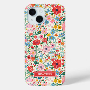 Rode en Roze Ditsy Bloemen Monogram iPhone 15 Case