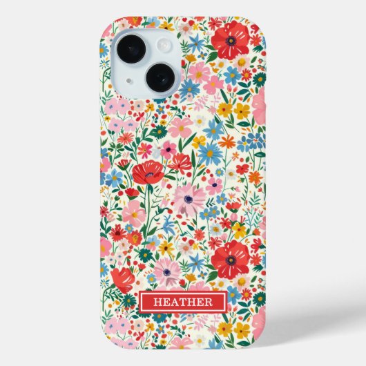 Rode en Roze Ditsy Bloemen Monogram Case-Mate iPhone Case (Achterkant)