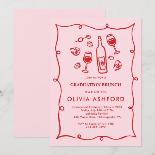 Rode en Roze Elegante Brunch afstuderen Kaart (Voorkant / Achterkant)