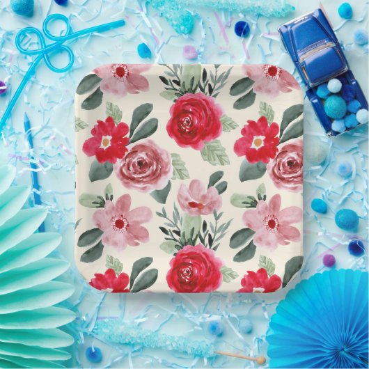 Rode en roze Floral Pattern Papieren Bordje (Feest)