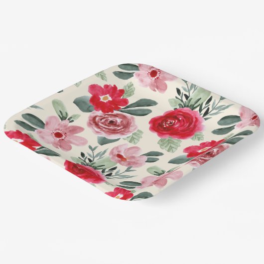 Rode en roze Floral Pattern Papieren Bordje (Gebogen)