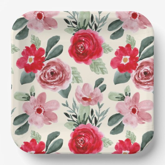 Rode en roze Floral Pattern Papieren Bordje (Voorkant)