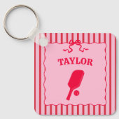 Rode en roze gestreepte Pickleball Gepersonaliseer Sleutelhanger (Voorkant)