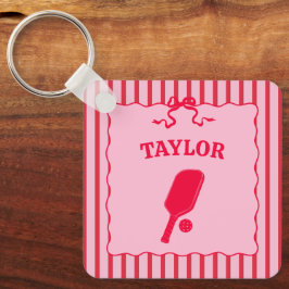 Rode en roze gestreepte Pickleball Gepersonaliseer Sleutelhanger