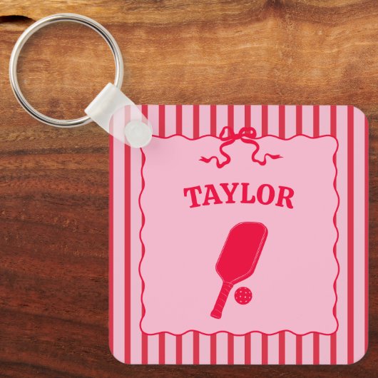 Rode en roze gestreepte Pickleball Gepersonaliseer Sleutelhanger (Voorkant)
