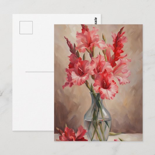 Rode en roze Gladiolus bloemen in een vaas Briefkaart (Voorkant / Achterkant)
