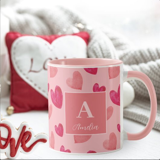 Rode en Roze Hart Persoonlijke Monogram Naam Mok