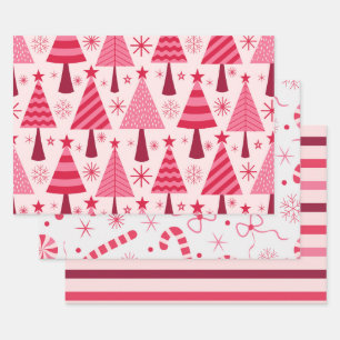 Rode en roze kerstbomen, Snoep en strepen Inpakpapier Vel