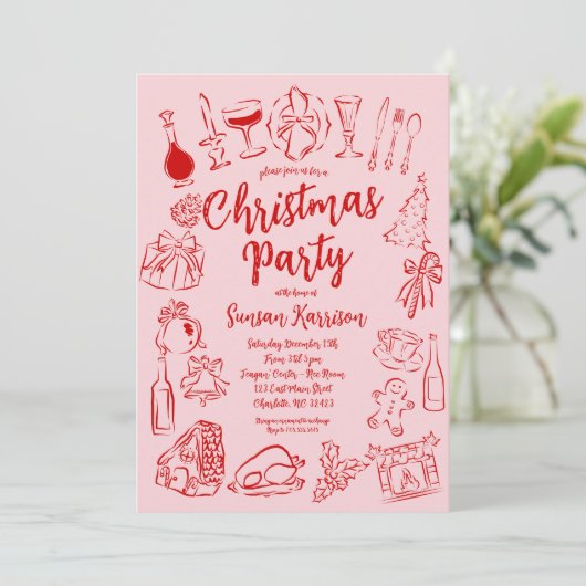 Rode en Roze Kerstuitnodiging Doodles Kaart (Staand voorkant)