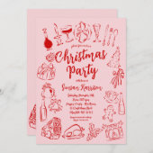 Rode en Roze Kerstuitnodiging Doodles Kaart (Voorkant / Achterkant)