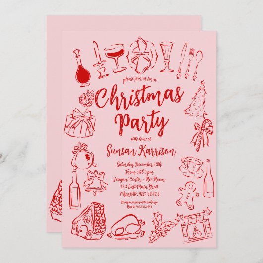 Rode en Roze Kerstuitnodiging Doodles Kaart (Voorkant / Achterkant)