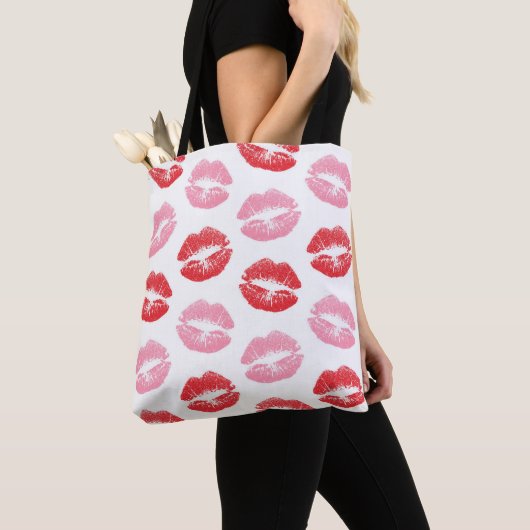 Rode en roze lippen, patroon van lippen, lippensti tote bag (Dichtbij)