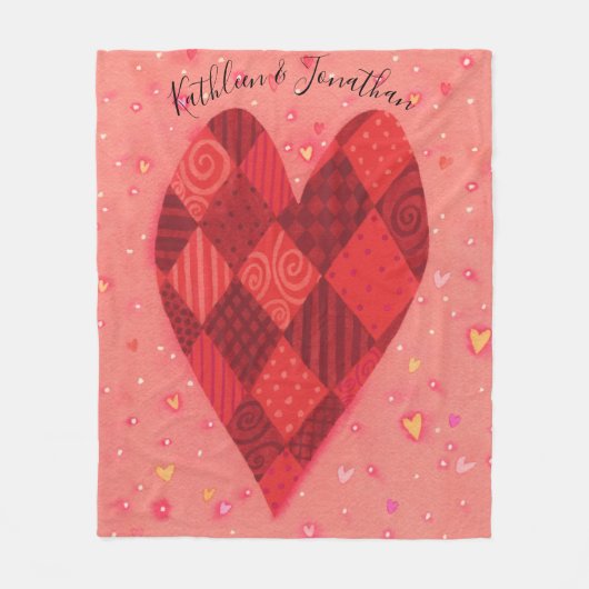 Rode en roze patchwork hart gepersonaliseerd fleece deken (Voorkant)