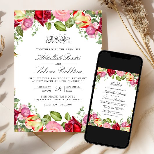 Rode en roze rozen bloemenmoslim bruiloft kaart