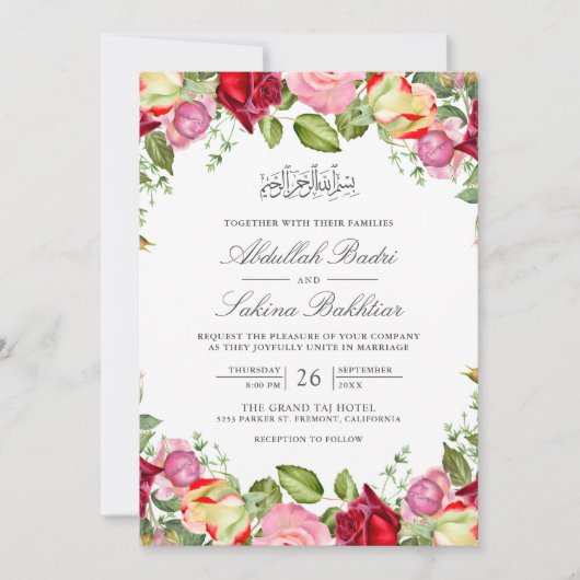 Rode en roze rozen bloemenmoslim bruiloft kaart (Voorkant)