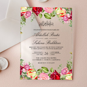 Rode en Roze Rozen Bloemige Moslim Bruiloft Acryl Uitnodigingen