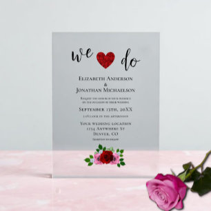 Rode en Roze Rozen Bruiloft Acryl Uitnodigingen