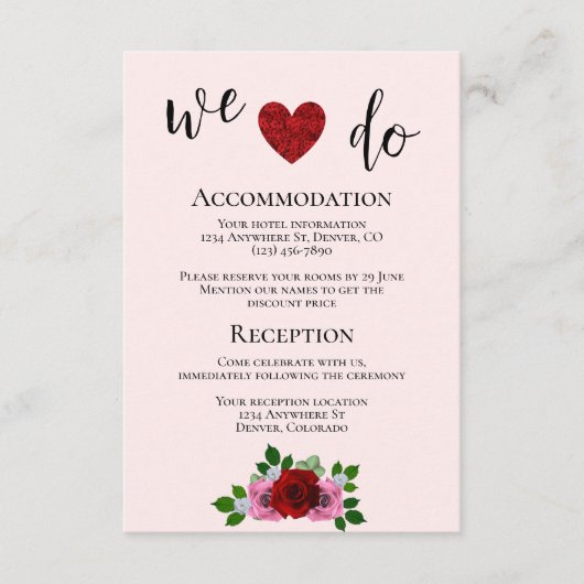 Rode en Roze Rozen Bruiloft Details Informatiekaartje (Voorkant)