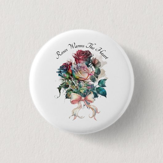 Rode en roze rozen met een strik ronde button 3,2 cm (Voorkant)