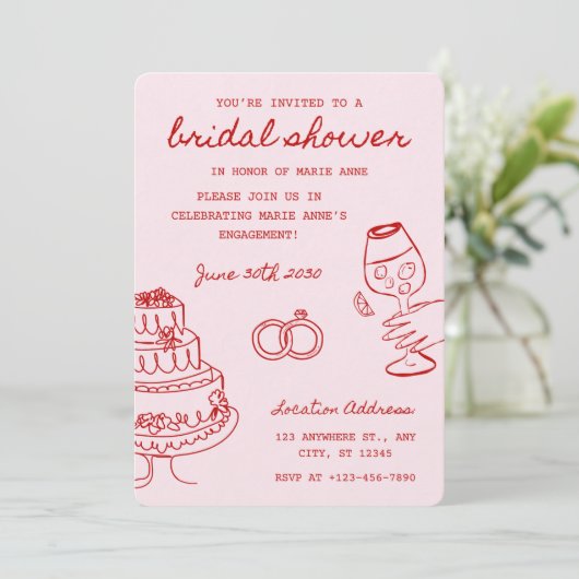 Rode en roze thema bruids douche uitnodiging (Staand voorkant)
