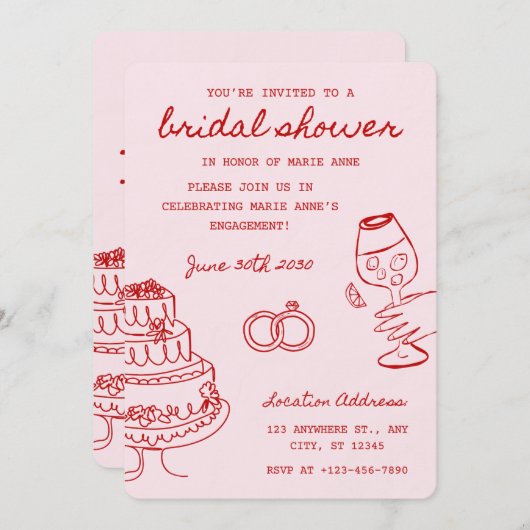 Rode en roze thema bruids douche uitnodiging (Voorkant / Achterkant)