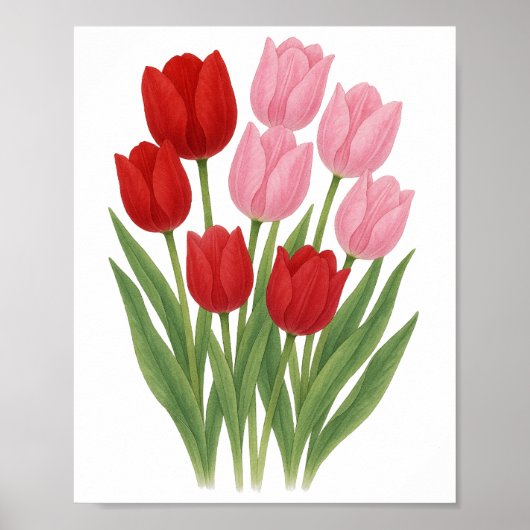 Rode en Roze Tulpen Schilderij Bloemstuk Muur Kuns Poster (Voorkant)