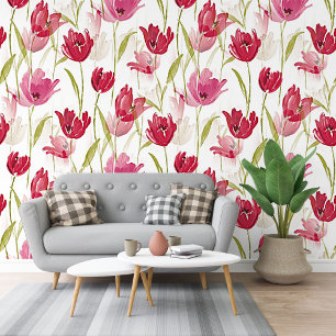 Rode en roze tulpen Waterverf bloemmotief Behang