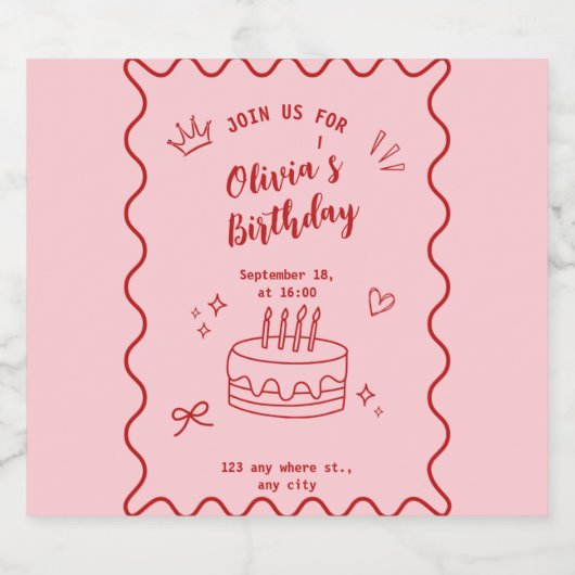 Rode en roze verjaardag likeurfles etiket (Enkel label)